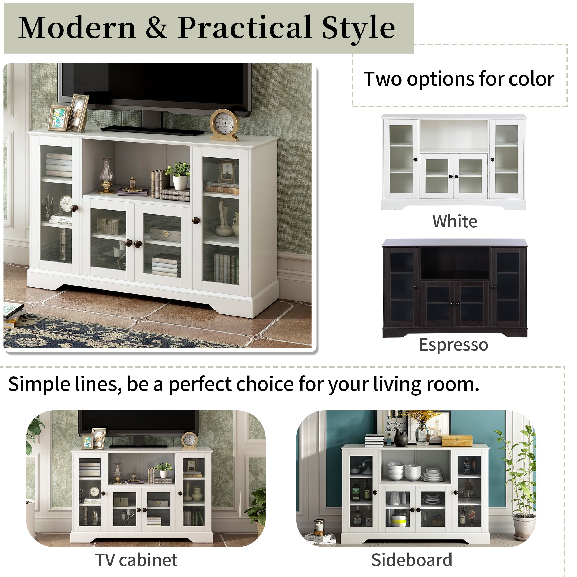ON-TREND TV Stand for TV up to 60in with 4 Tempered Glass Doors Adjustable Panels Open Style Cabinet, Sideboard for Living room, White (OLD SKU:WF286785AAK) - Atlantic Fine Furniture Inc