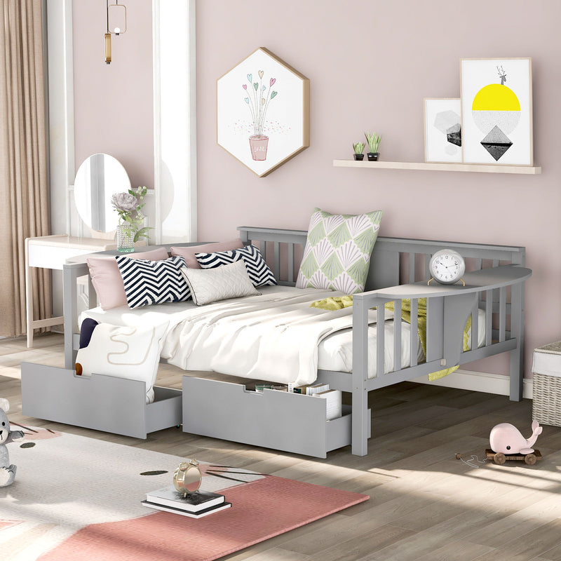 Full Daybed With Two Drawers - Wood Slat Support - Gray