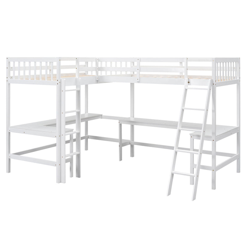 Wood Twin Size L-Shaped Loft Bed With Ladder And 2 Built-In L-Shaped Desks, White