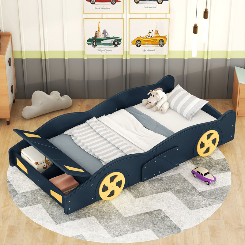 Twin Size Race Car-Shaped Platform Bed With Wheels And Storage, Dark Blue / Yellow