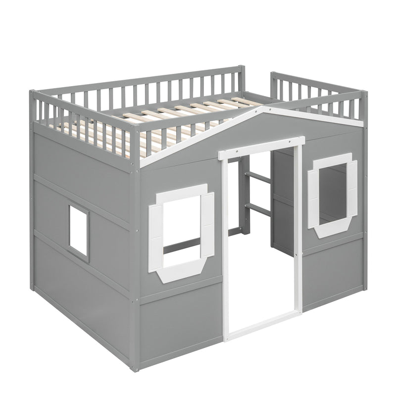 Full Size House Loft Bed With Ladder - Gray / White Frame