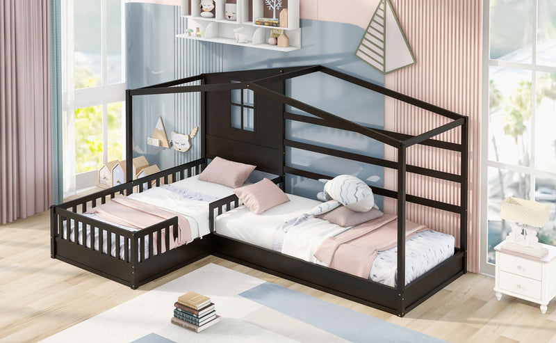 Wood House Bed Twin Size, 2 Twin Solid Bed L Structure With Fence And Slatted Frame Espresso)