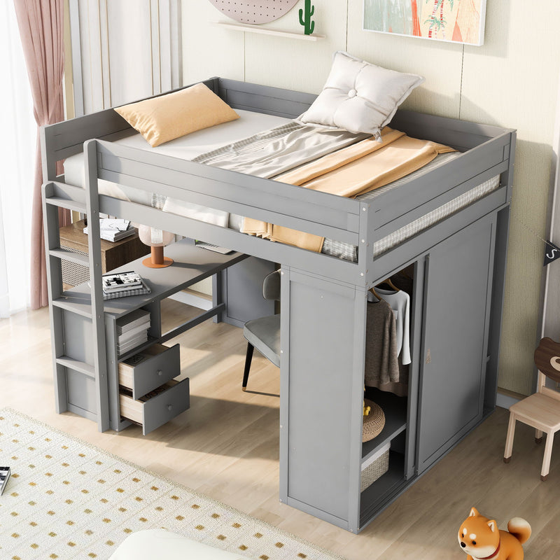 Wood Full Size Loft Bed With Wardrobes And 2-Drawer Desk With Cabinet, Gray