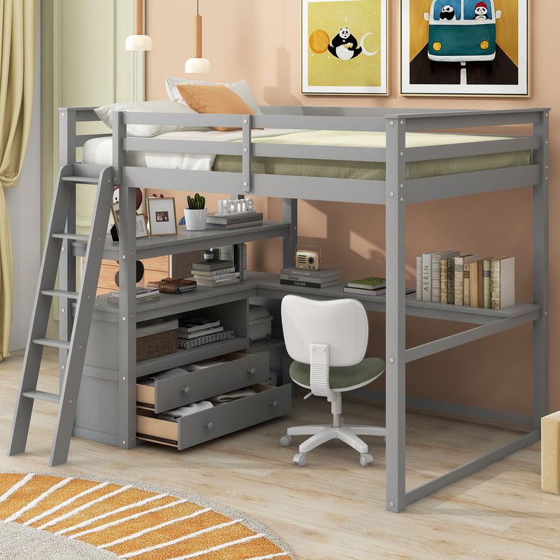 Full Size Loft Bed With Desk And Shelves, Two Built - In Drawers, Gray
