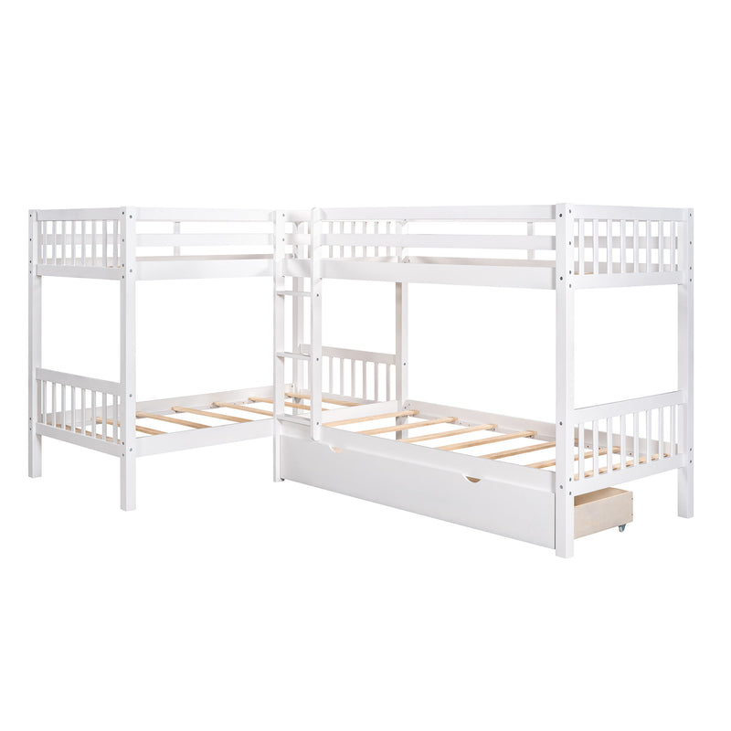 Twin L-Shaped Bunk Bed With Drawers - White