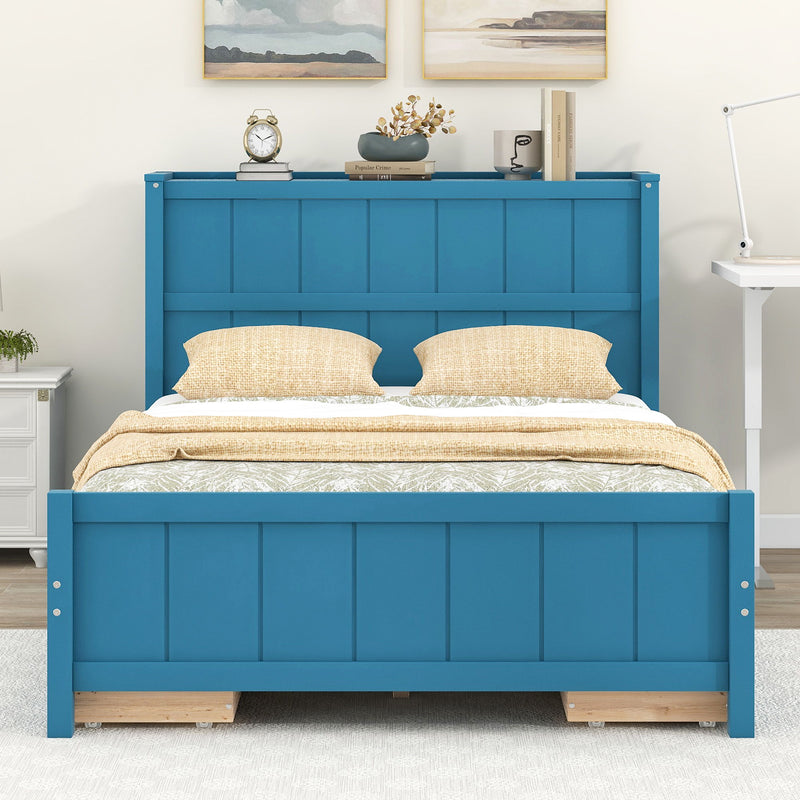Full Size Platform Bed With Drawers And Storage Shelves - Blue