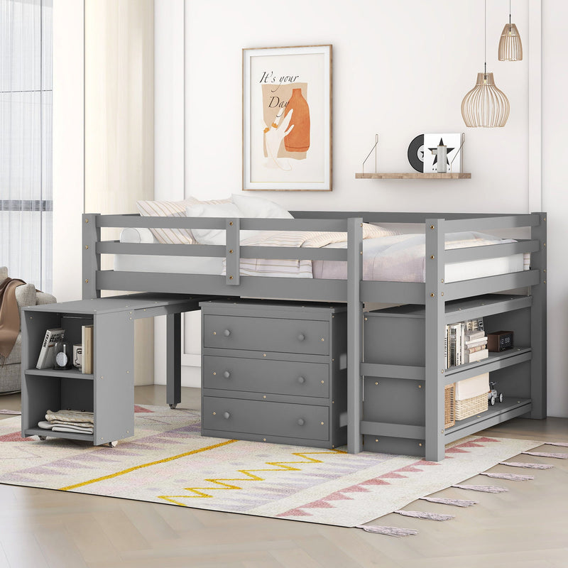 Low Study Full Loft Bed With Cabinet, Shelves And Rolling Portable Desk, Multiple Functions Bed - Gray