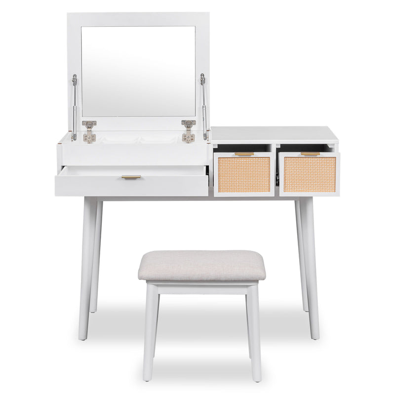 43.3" Classic Wood Makeup Vanity Set With Flip-Top Mirror And Stool, Dressing Table With Three Drawers And Storage Space, White