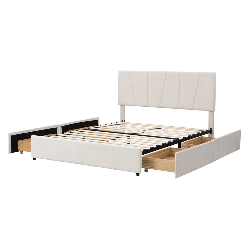 Queen Size Upholstery Platform Bed With Four Drawers On Two Sides, Adjustable Headboard, Beige