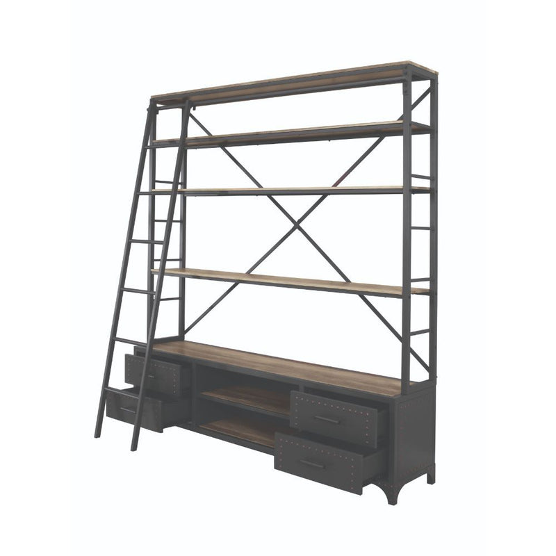 Depict the gentle flow of industrial modern decor with the Actaki bookshelf and ladder set. Industrial modern shelving unit with 4 drawers with Nailhead trim and 2 open shelves provide a unique storage and display to you room. Some assembly required.