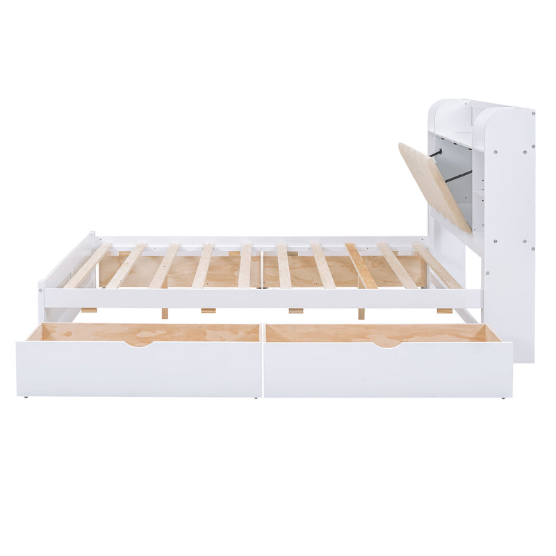 Wood Queen Size Platform Bed With Storage Headboard, Shelves And 4 Drawers, White