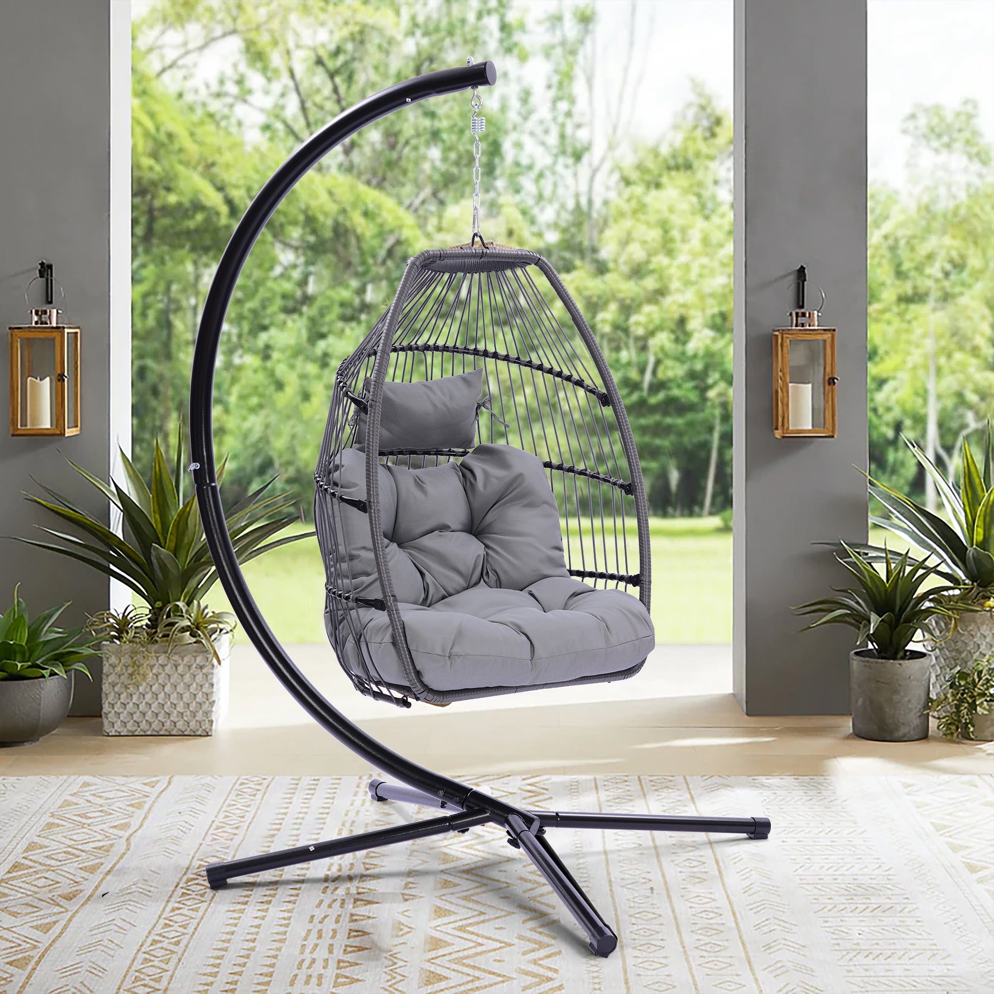 Outdoor Patio Wicker Folding Hanging Chair,Rattan Swing Hammock Egg Chair With C Type Bracket, With Cushion And Pillow - Atlantic Fine Furniture Inc