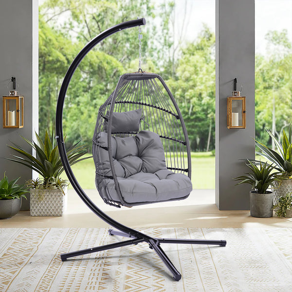 Outdoor Patio Wicker Folding Hanging Chair,Rattan Swing Hammock Egg Chair With C Type Bracket, With Cushion And Pillow - Atlantic Fine Furniture Inc