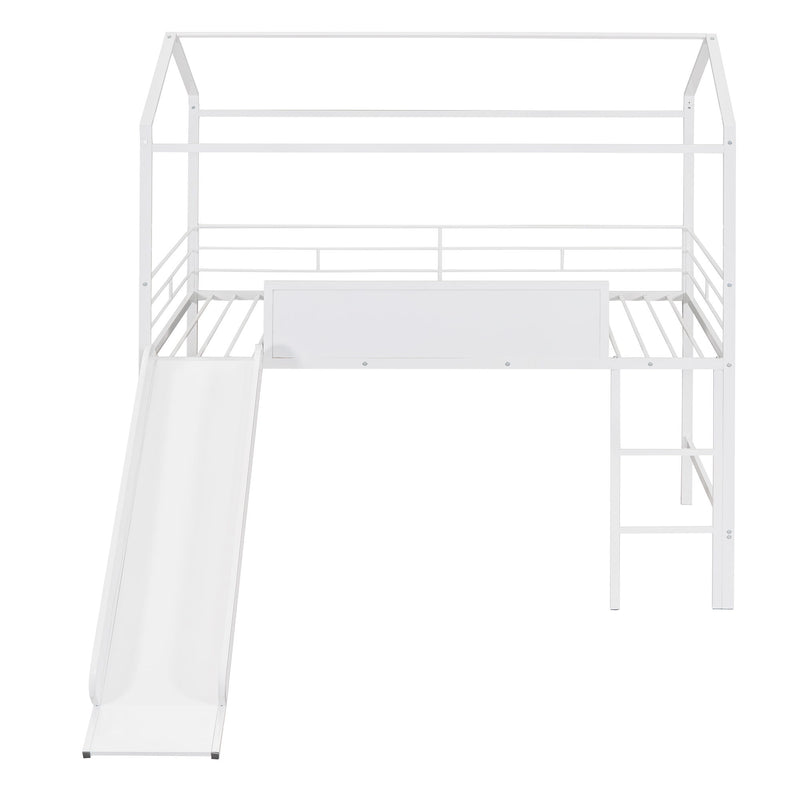 Metal House Bed With Slide, Twin Size Metal Loft Bed With Two - Sided Writable Wooden Board (White )