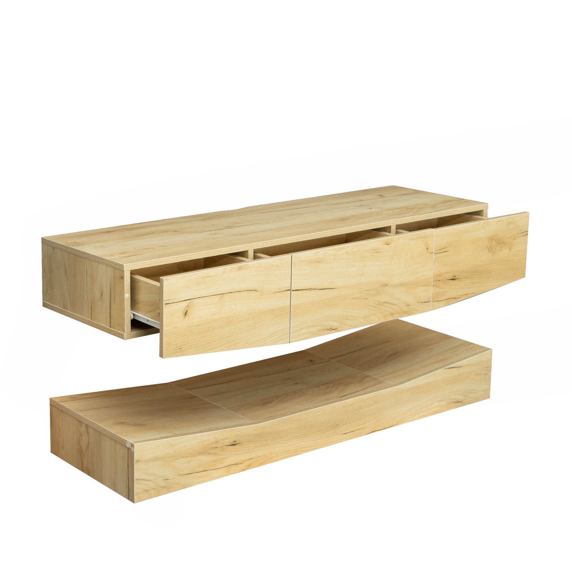 MDF UP And Down WALL-MOUNTED TV Cabinet With Three Drawers & LED Lights,OAK - Atlantic Fine Furniture Inc
