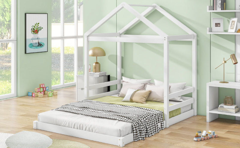 Wood Full Size House Bed With Guardrail, White