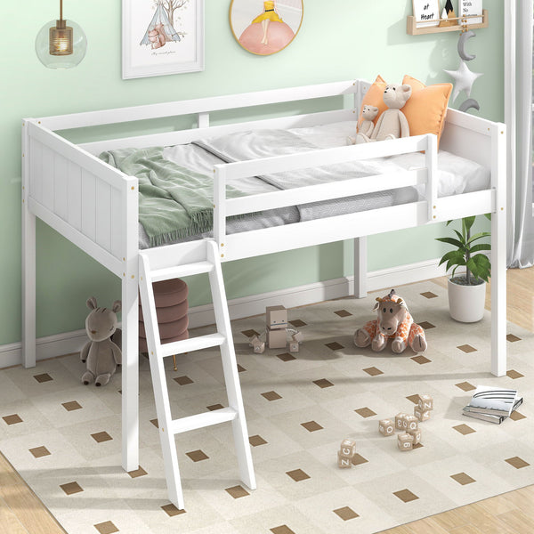 Twin Size Wood Low Loft Bed With Ladder, Ladder Can Be Placed On The Left Or Right, White