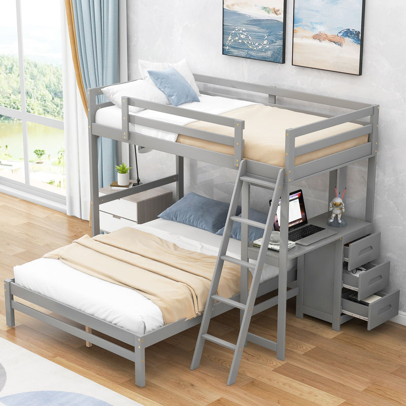 Twin Over Full Bunk Bed With Built-In Desk And Three Drawers - Grey