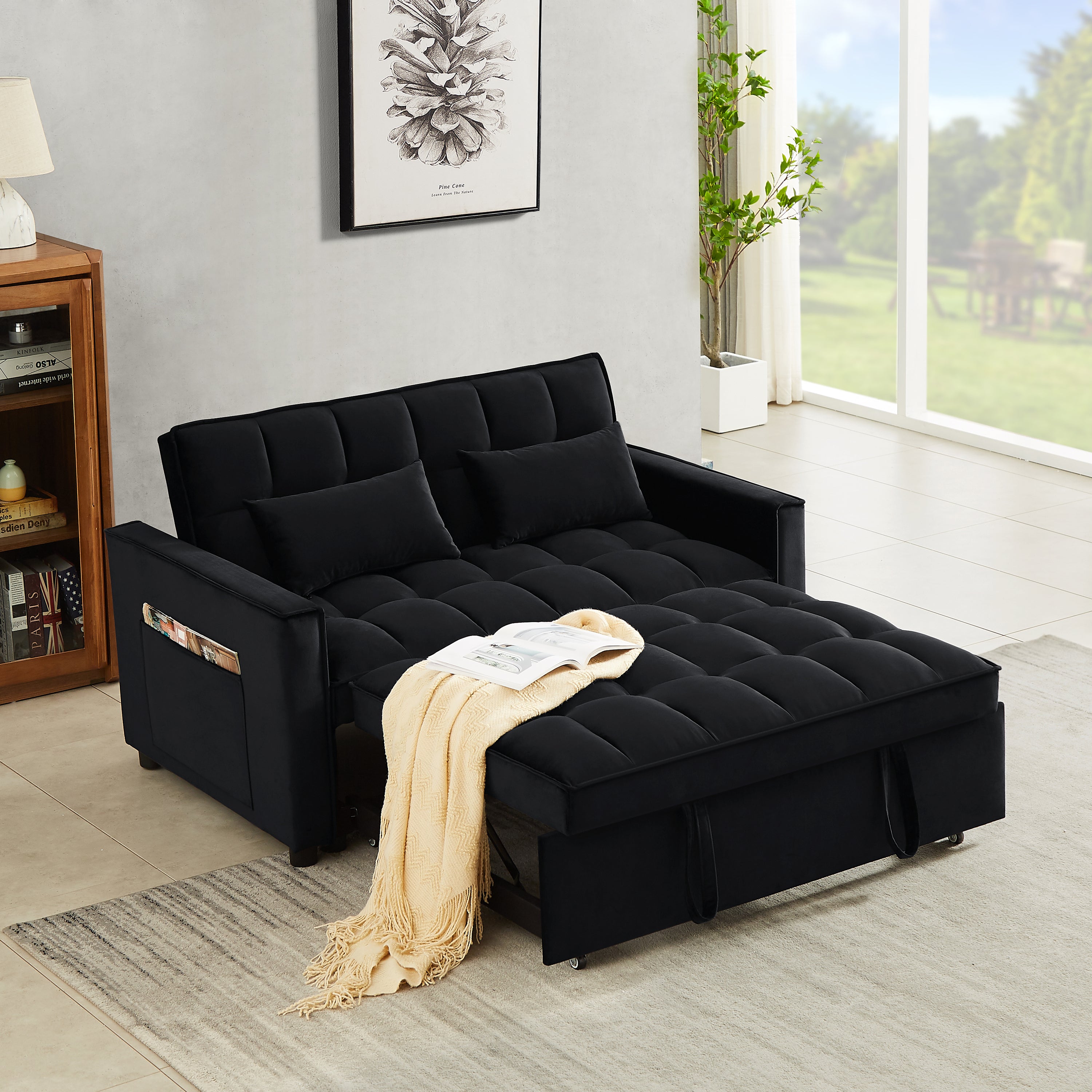 Modern Velvet Convertible Loveseat Sleeper Sofa Couch with Adjustable Backrest, 2 Seater Sofa With Pull-Out Bed with 2 Lumbar Pillows For Small Living Room & Apartment - Atlantic Fine Furniture Inc