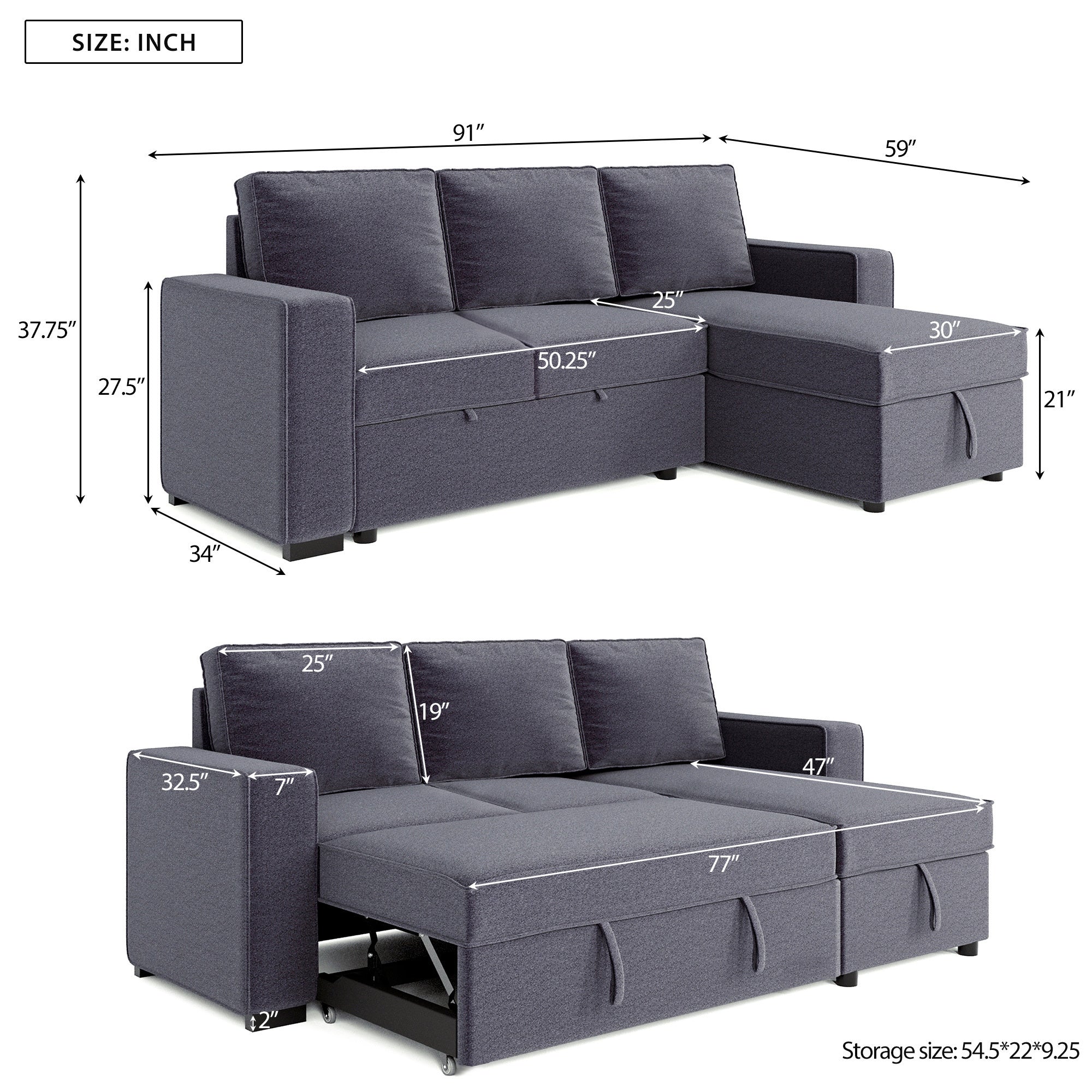 [VIDEO] 91" Reversible Pull out Sleeper Sectional Storage Sofa Bed,Corner sofa-bed with Storage Chaise Left/Right Handed Chaise - Atlantic Fine Furniture Inc