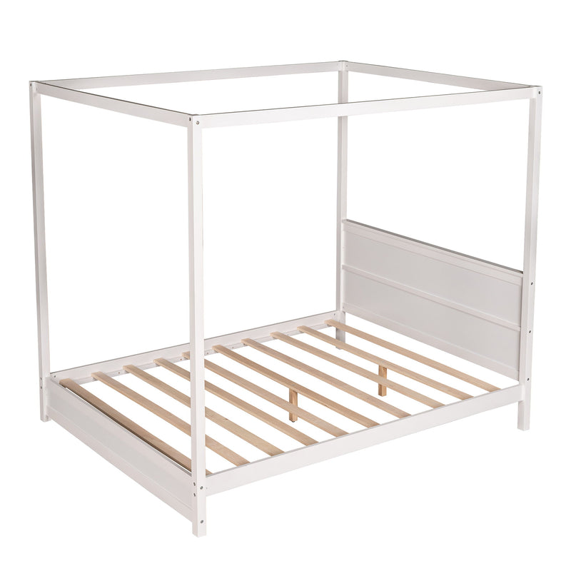 Queen Size Canopy Platform Bed With Headboard And Support Legs, White