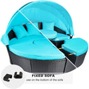 Patio Furniture Outdoor Daybed with Retractable Canopy and Soft Cushions, PE Wicker Rattan Round Sectional Sofa Set for Lawn Garden Backyard Poolside, Turquoise - Atlantic Fine Furniture Inc