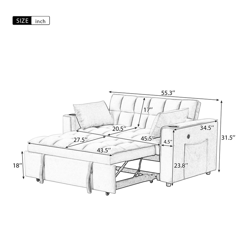 55.3" 4-1 Multi-Functional Sofa Bed With Cup Holder And Usb Port For Living Room Or Apartments Milky White