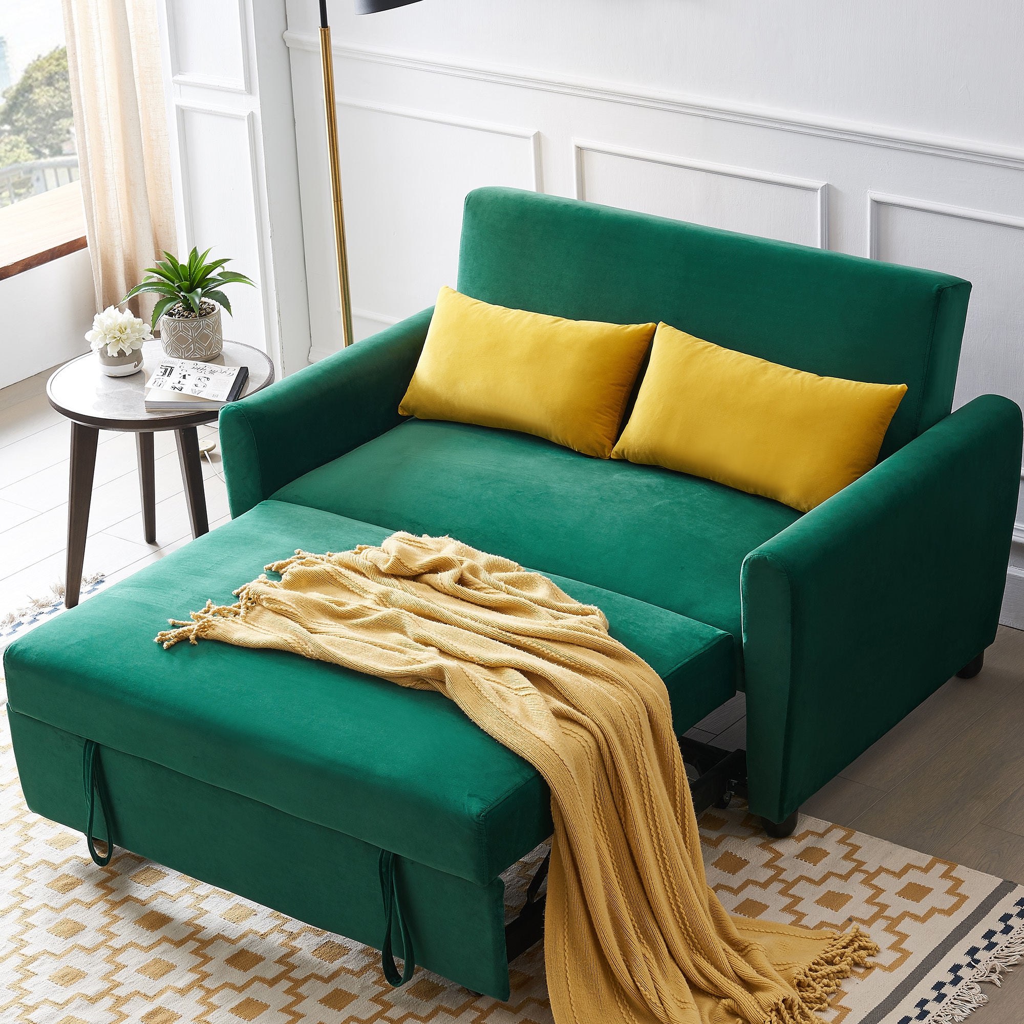 [VIDEO provided]55" Modern Velvet Sofa with Pull-Out Sleeper Bed with 2 Pillows Adjustable Backrest for Small Spaces Green - Atlantic Fine Furniture Inc