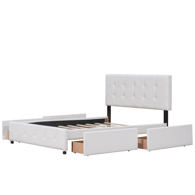 Upholstered Platform Bed With Classic Headboard And 4 Drawers, No Box Spring Needed, Linen Fabric, Queen Size White
