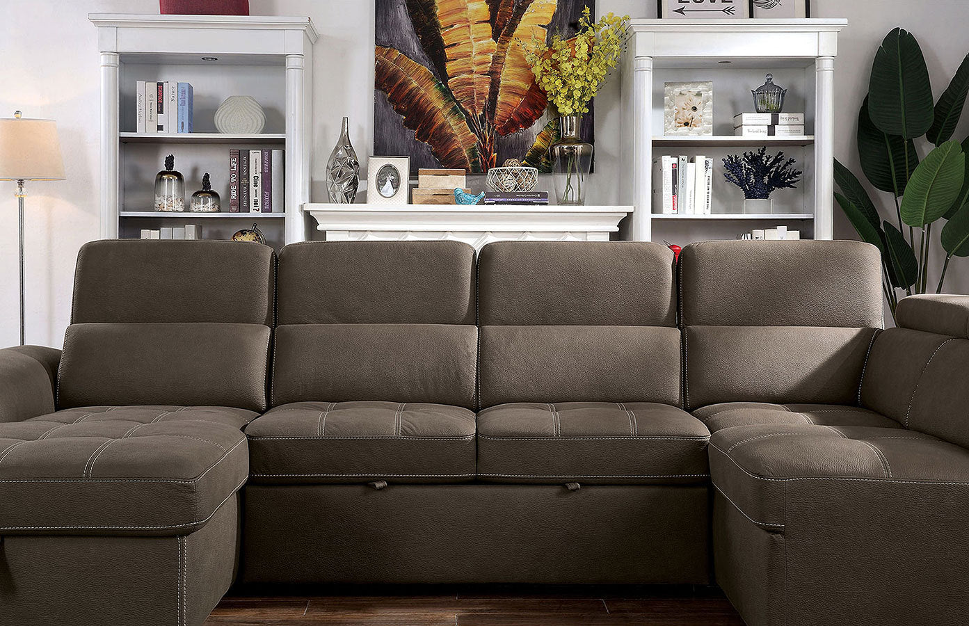 Living Room Sectional Light Brown Sectional Sofa Chaise w Storage Couch Ottoman Nabuck Fabric Pull out sleeper - Atlantic Fine Furniture Inc