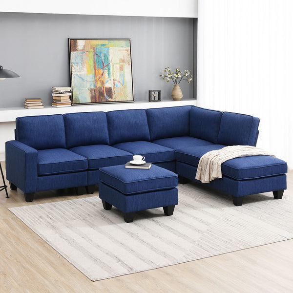 104.3*78.7" Modern L-Shaped Sectional Sofa, 7-Seat Linen Fabric Couch Set With Chaise Lounge And Convertible Ottoman For Living Room, Apartment, Office, 3 Colors - Blue