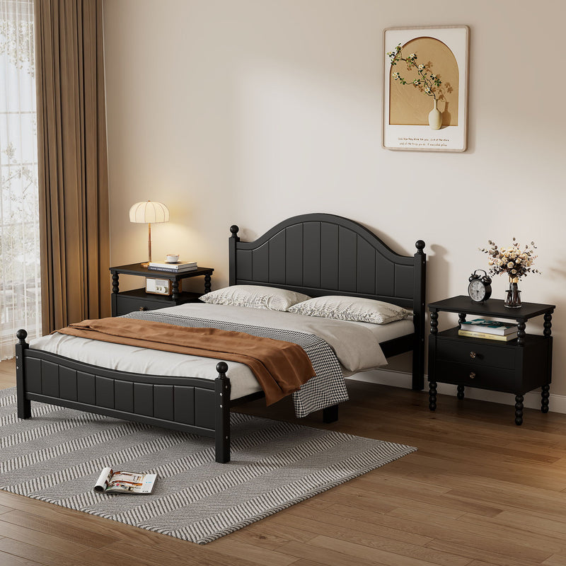 3 Pieces Bedroom Sets Traditional Concise Style Black Solid Wood Platform Bed With 2 Nightstands, No Need Box Spring, Queen