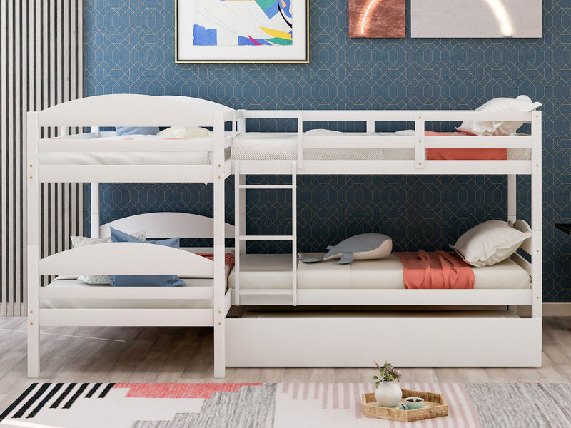 Twin L-Shaped Bunk Bed With Trundle - White