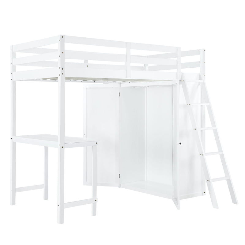 Twin Size Loft Bed With Wardrobe And Desk, White
