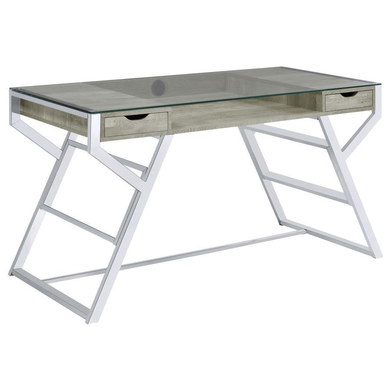 Emelle - 2-Drawer Glass Top Writing Desk - Grey Driftwood and Chrome