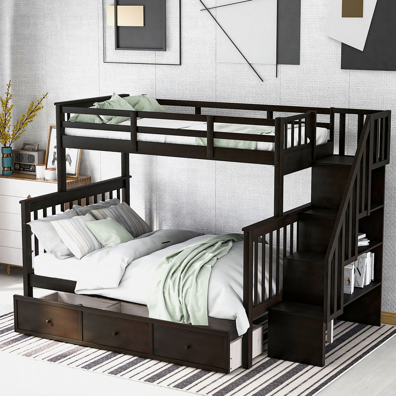 Stairway Twin Over Full Bunk Bed With Drawer, Storage And Guard Rail For Bedroom, Dorm, For Adults, Espresso Color