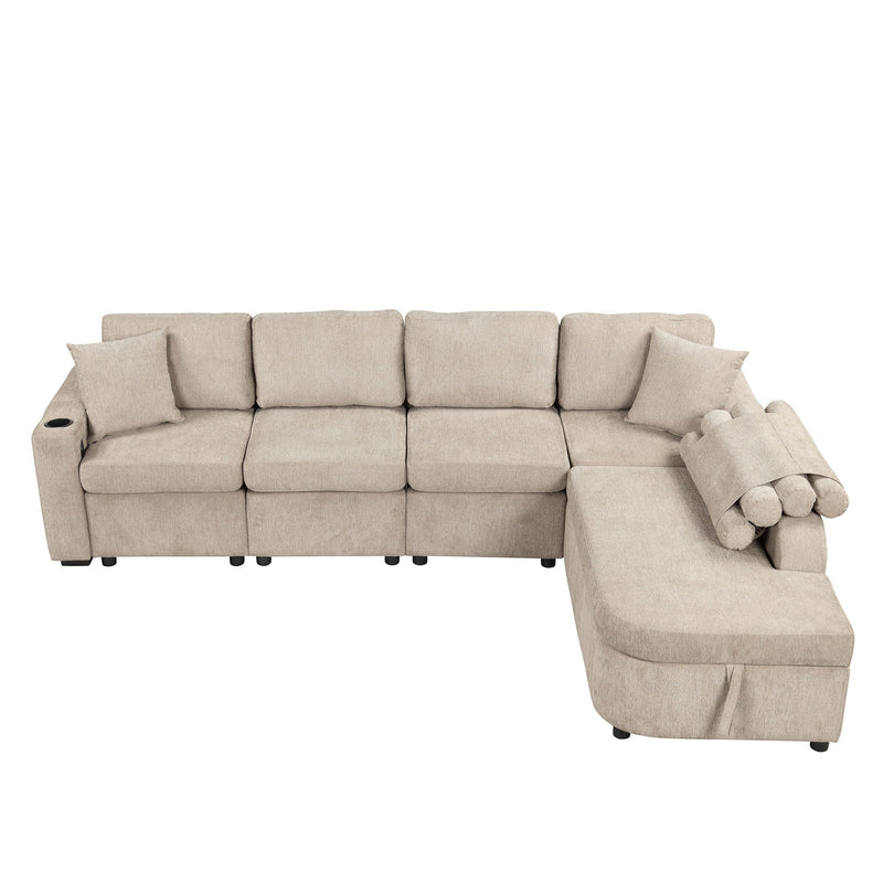 Shaped Couch Sectional Sofa With Storage Chaise, Cup Holder, Type C And USB Ports For Living Room, Beige