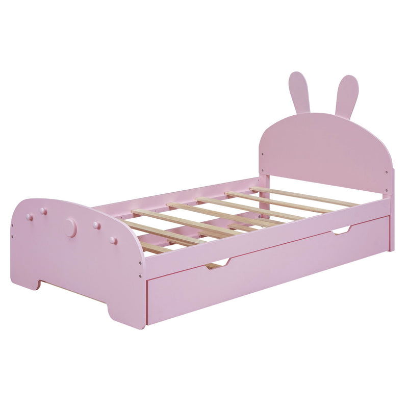 Wood Twin Size Platform Bed With Cartoon Ears Shaped Headboard And Trundle, Pink