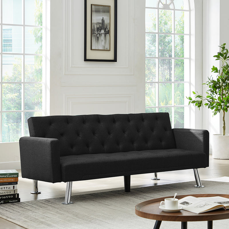 Modern Convertible Folding Futon Sofa Bed ,  Black Fabric Sleeper Sofa Couch for Compact Living Space.