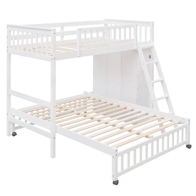 Wooden Twin Over Full Bunk Bed With Six Drawers And Flexible Shelves, Bottom Bed With Wheels, White