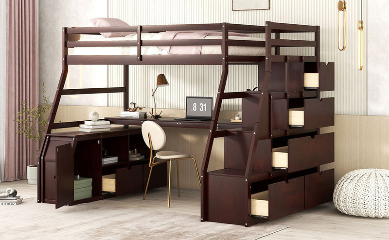 Twin Size Loft Bed With 7 Drawers 2 Shelves And Desk - Espresso
