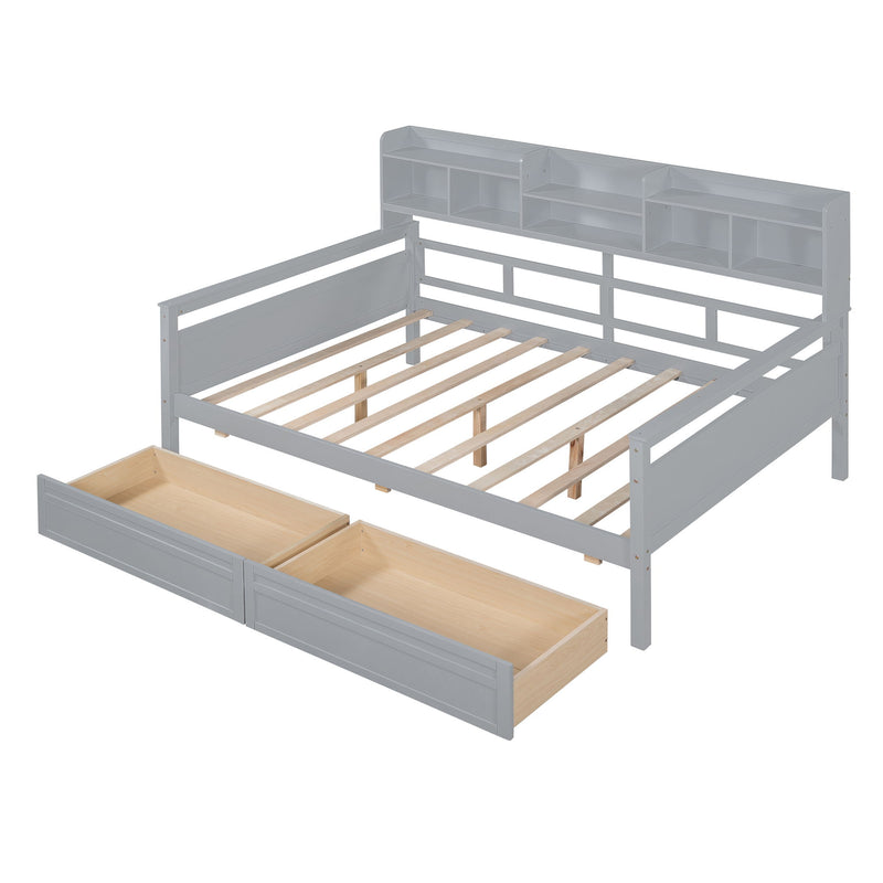 Full Size Daybed, Wood Slat Support, With Bedside Shelf And Two Drawers, Gray