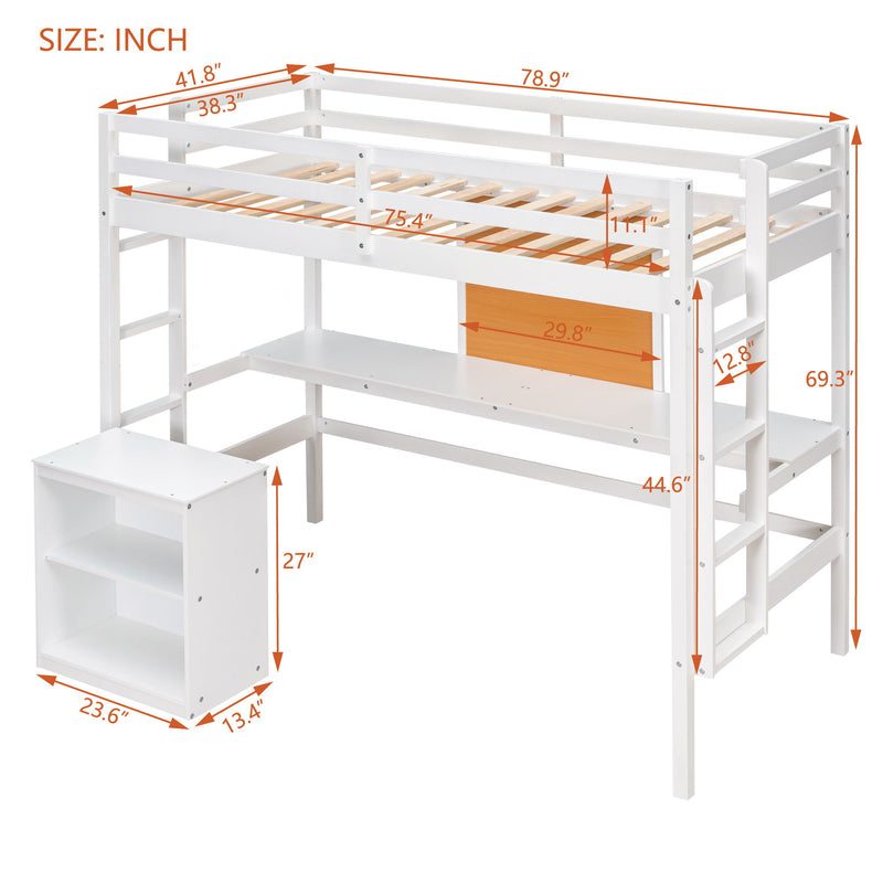 Twin Size Loft Bed With Desk And Writing Board, Wooden Loft Bed With Desk & 2 Drawers Cabinet - White