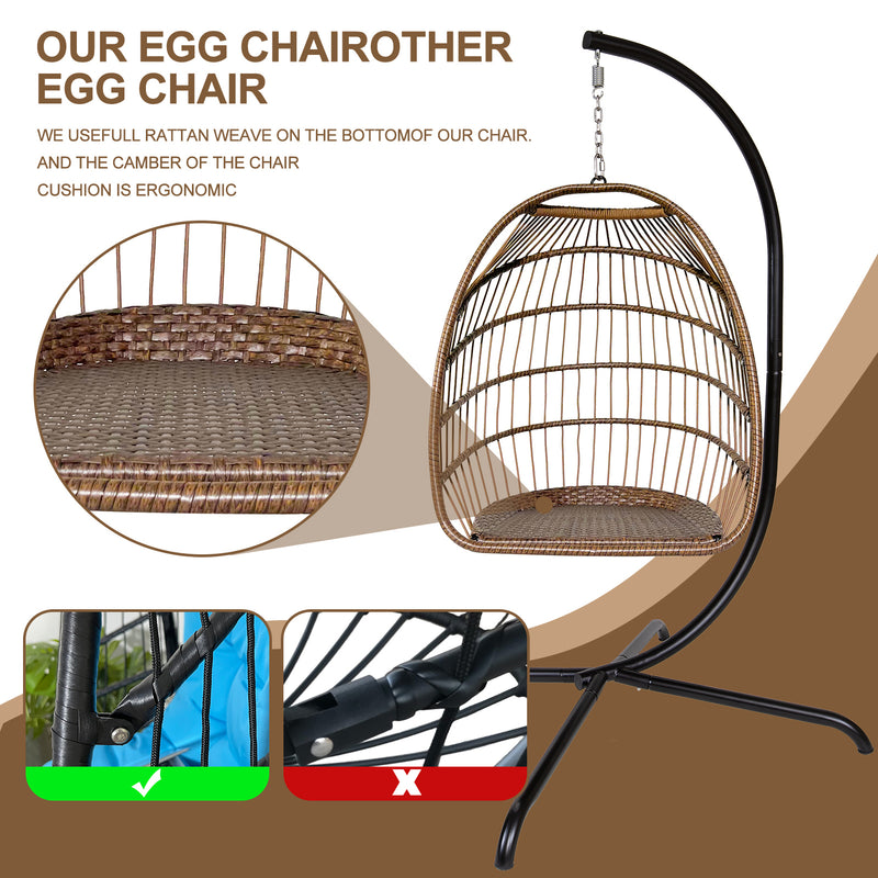 Swing Egg Chair with Stand Indoor Outdoor Wicker Rattan Patio Basket Hanging Chair with C Type bracket , with cushion and pillow,Patio Wicker folding Hanging Chair - Atlantic Fine Furniture Inc