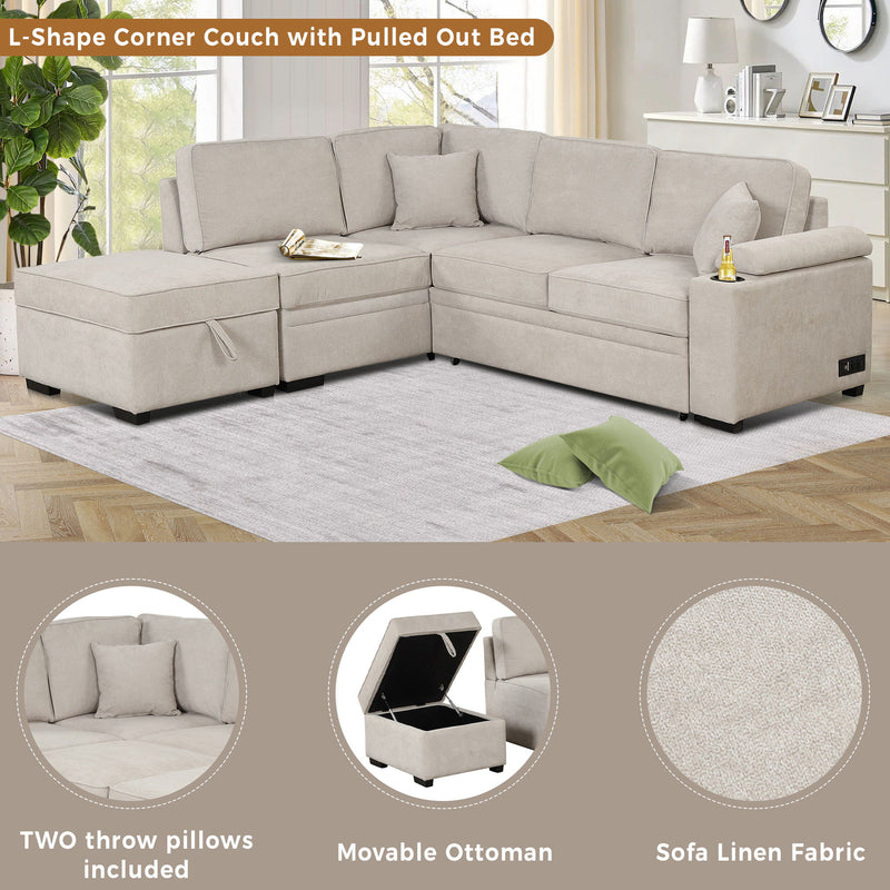 87.4" Sleeper Sofa Bed, 2 In 1 Pull Out Sofa Bed L Shape Couch With Storage Ottoman For Living Room, Bedroom Couch And Small Apartment, Beige