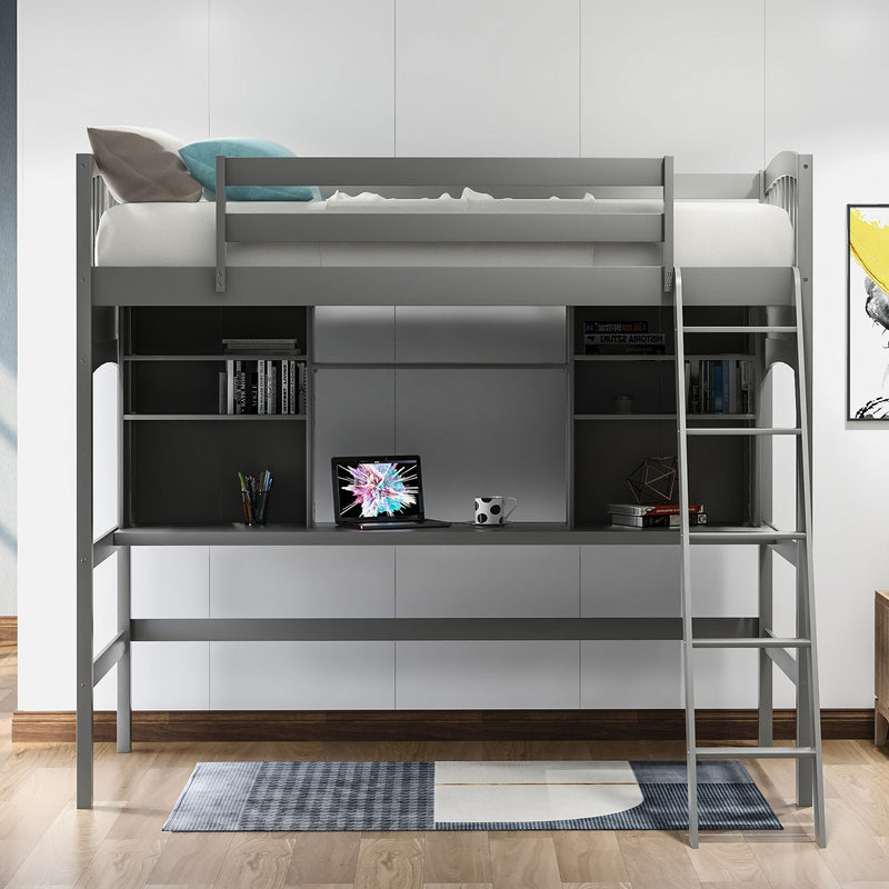 Twin Size Loft Bed With Storage Shelves, Desk And Ladder, Gray