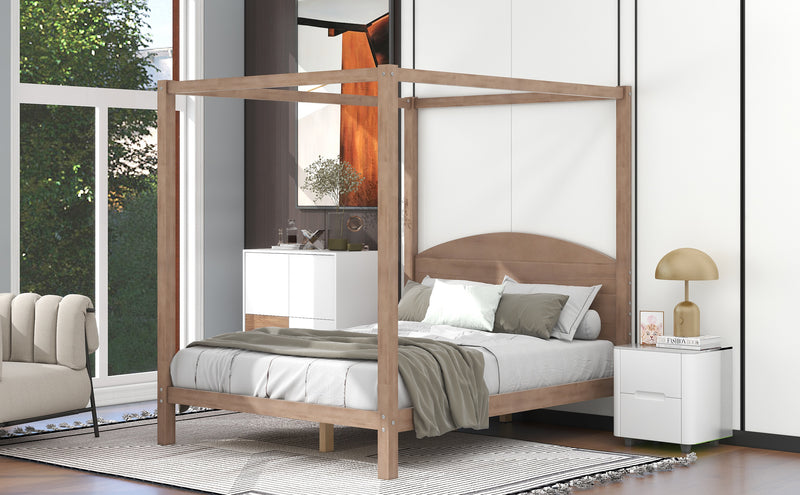 Queen Size Canopy Platform Bed with Headboard and Support Legs,Brown Wash