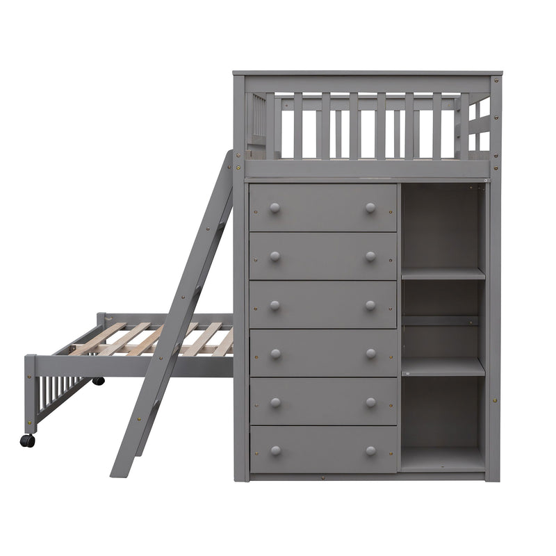 Wooden Twin Over Full Bunk Bed With Six Drawers And Flexible Shelves, Bottom Bed With Wheels, Gray