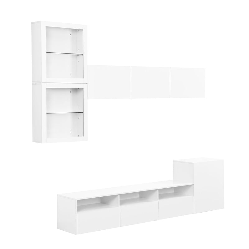 On-Trend High Gloss TV Stand With Ample Storage Space, Media Console For TVs Up To 75"es, Versatile Entertainment Center With Wall Mounted Floating Storage Cabinets For Living Room, White