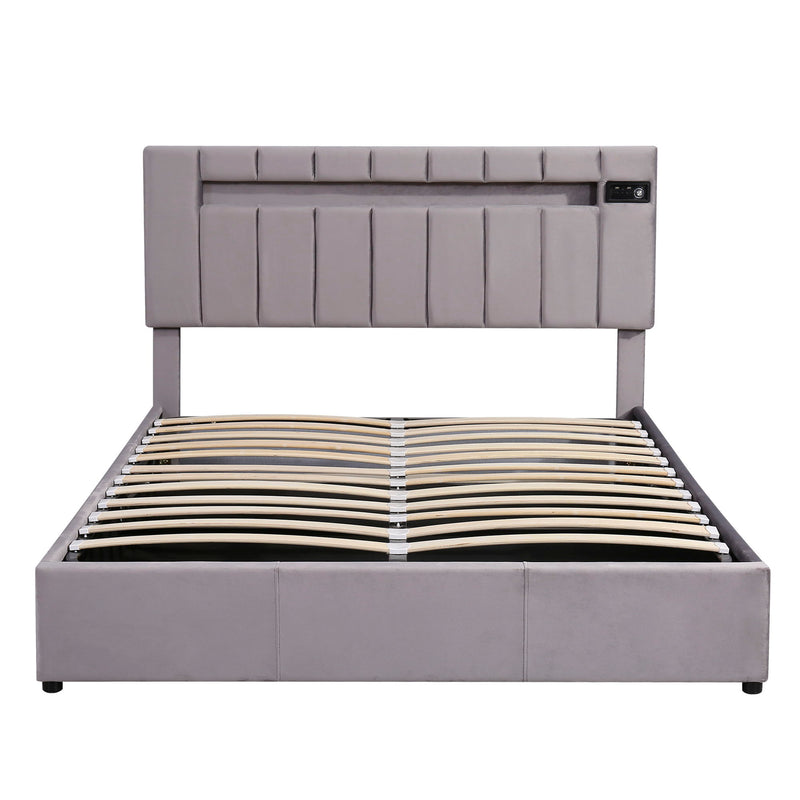 Upholstered Bed Queen Size With LED Light, Bluetooth Player And USB Charging, Hydraulic Storage Bed In Gray Velvet Fabric